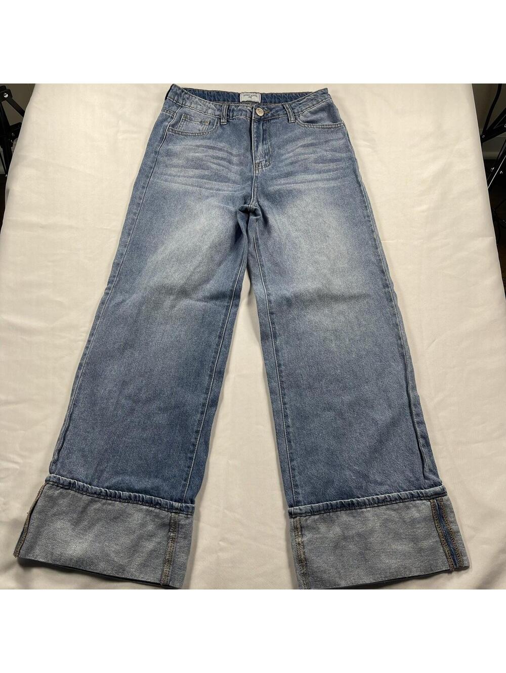 Ultra Wide Leg Blue Jeans Mega Cuff  Sz 7/28 High Rise Medium Wash Denim GoGo